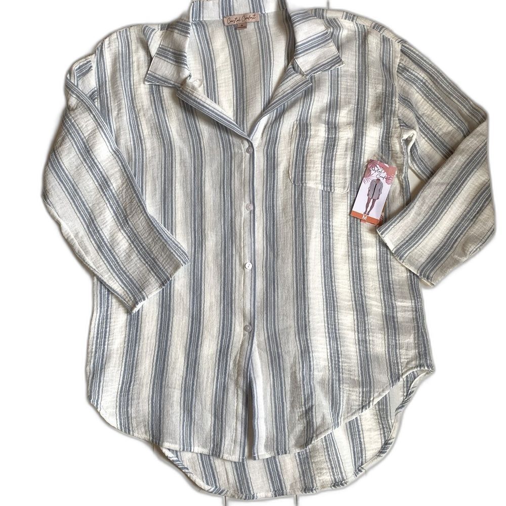 NWT Coastal Comfort white & blue striped cotton lightweight shirt sz m